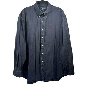 Ralph Lauren Men's Shirt 2XL Solid Dark Blue Blaire Pony‎ Button Up Long Sleeve